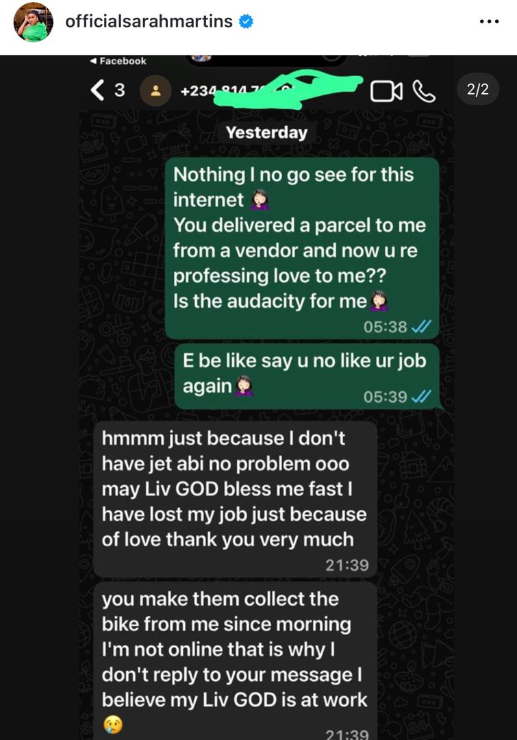 I find it disrespectful and disgusting - Actress Sarah Martins reacts after dispatch rider professes love to her after delivering an item